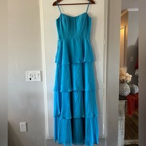 long A-line ruffled blue gown